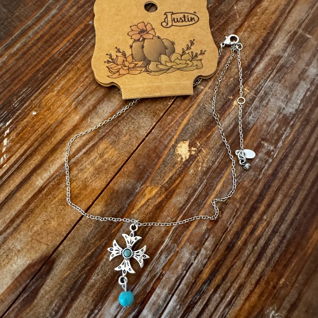 Justin Boots Western Silver Cross Pendant Necklace With Turquoise Accent New
